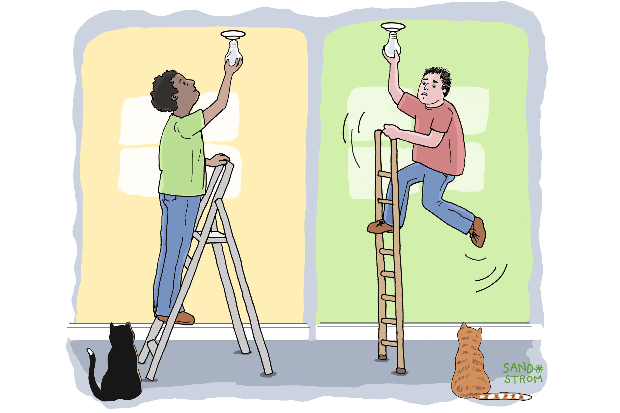 Two ladders illustrating tax base stability: a wide A-frame ladder representing a broad tax base, and a narrow leaning ladder representing an unstable narrow tax base